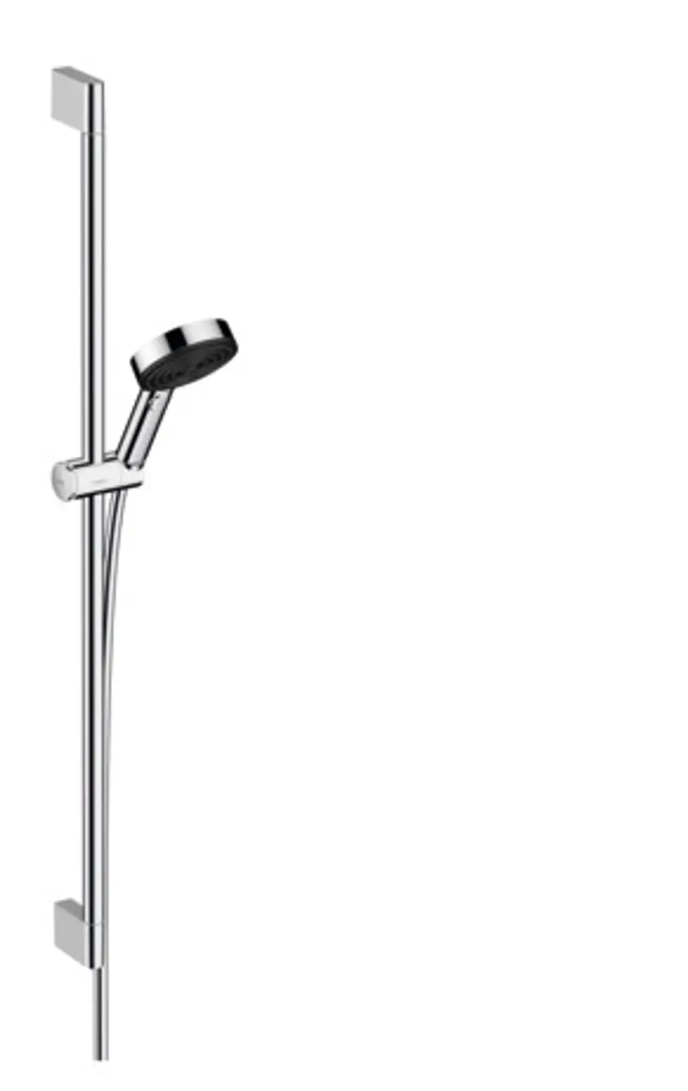 Hansgrohe Brauseset mit Handbrause, befestigt an einer vertikalen Stange. Die Oberfläche ist glänzend und reflektierend.